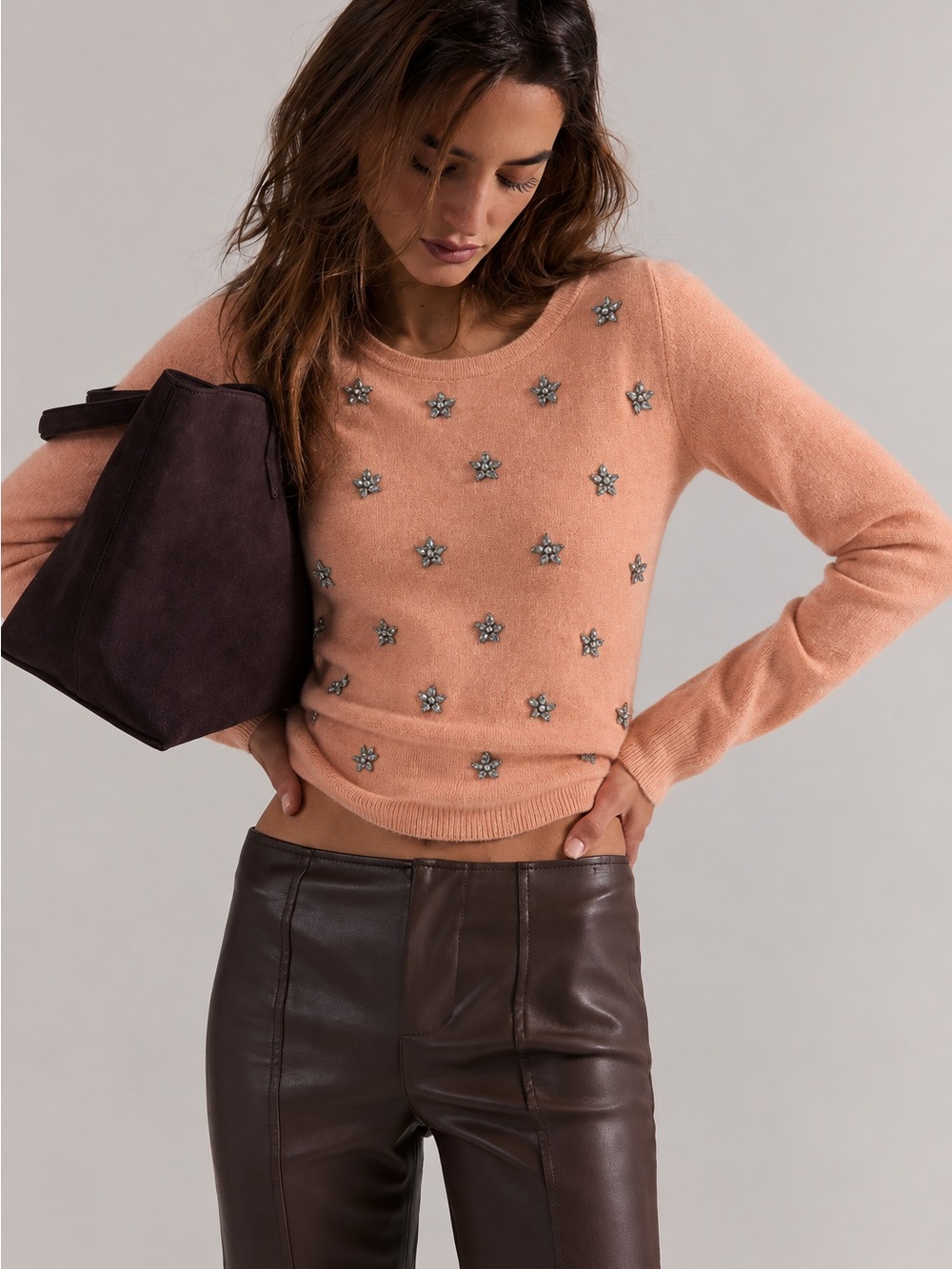 210. Charlie Paige Peach Jeweled Star Crewneck Sweater